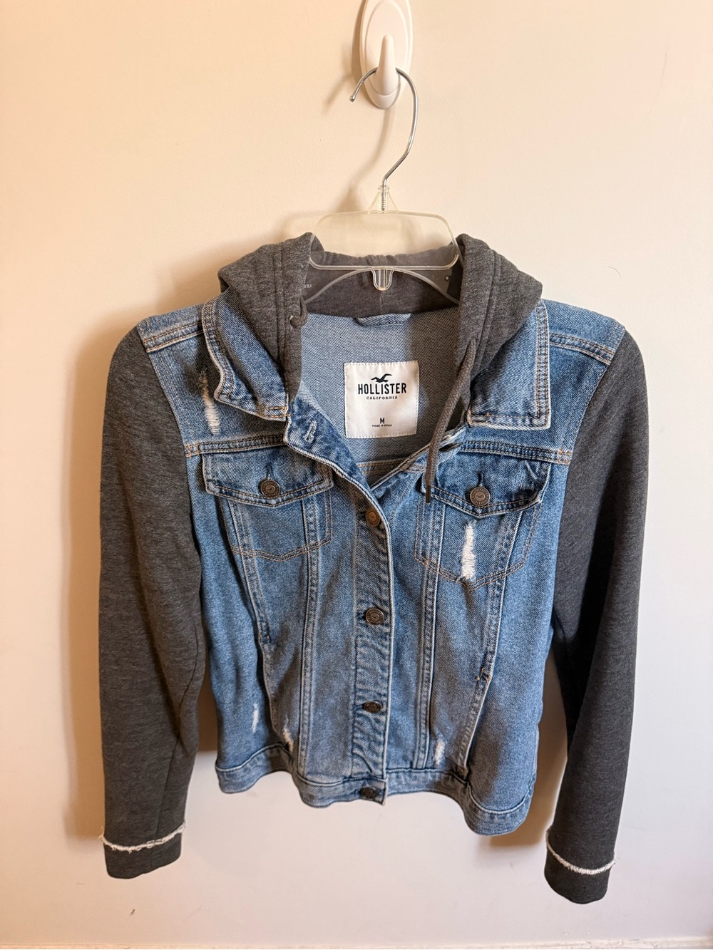 Hollister Blue Denim Jacket with Charcoal Hood and Sleeves